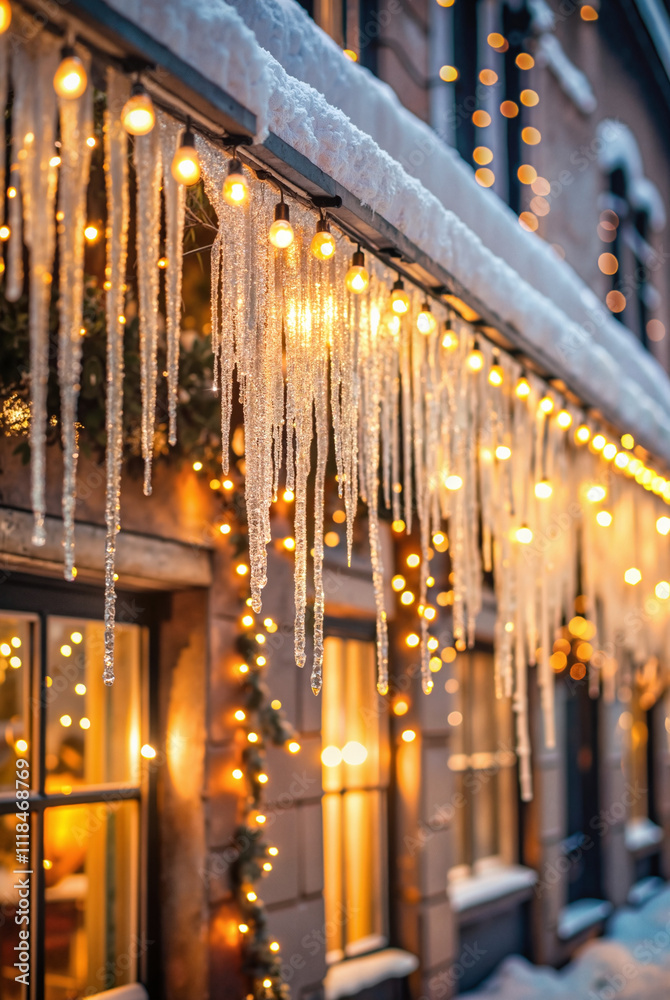 Obraz premium Icicles and glowing holiday lights on snowy building facade