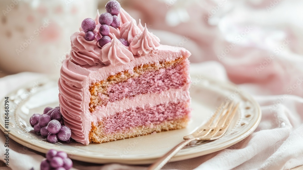 Pink frosted cake slice with purple berries on top Pink frosted cake slice with purple berries on top
