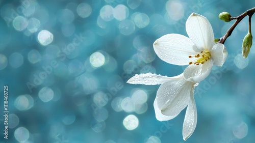 A delicate white flower with shimmering droplets, set against a dreamy blue background creating a serene atmosphere.