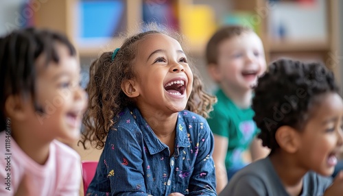 Joyful Group of Children Bursting into Laughter in a Cheerful Classroom Setting