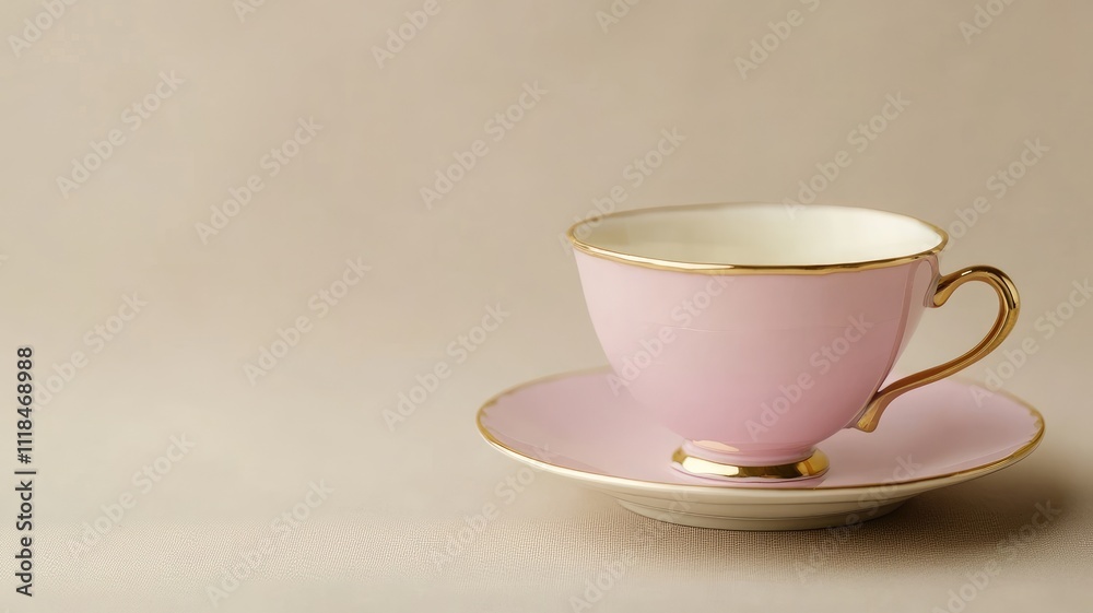 Elegant pink teacup with gold rim and saucer on beige background Elegant pink teacup with gold rim and saucer on beige background