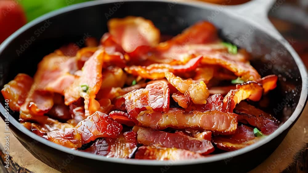 Hot and crispy bacon pieces in a cast iron skillet