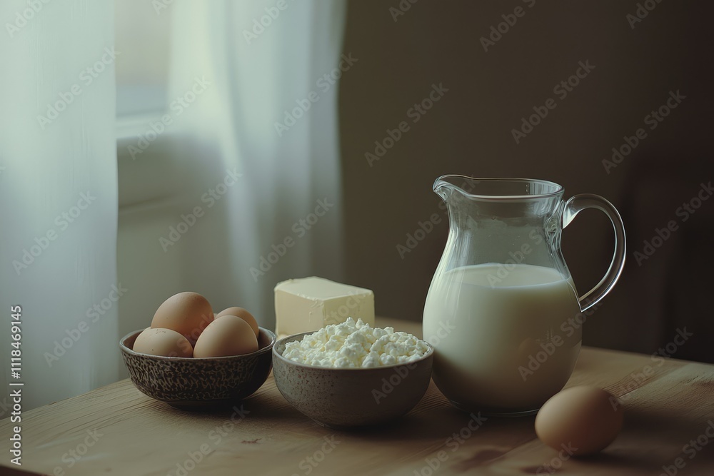 Fresh Homemade Milk Dairy Products in a Rustic Countryside Background. Milk farm products Eggs, milk, cottage, butter on wooden background. Rural atmosphere. Fresh Homemade Milk Dairy Products in a Rustic Countryside Background. Milk farm products Eggs, milk, cottage, butter on wooden background. Rural atmosphere.