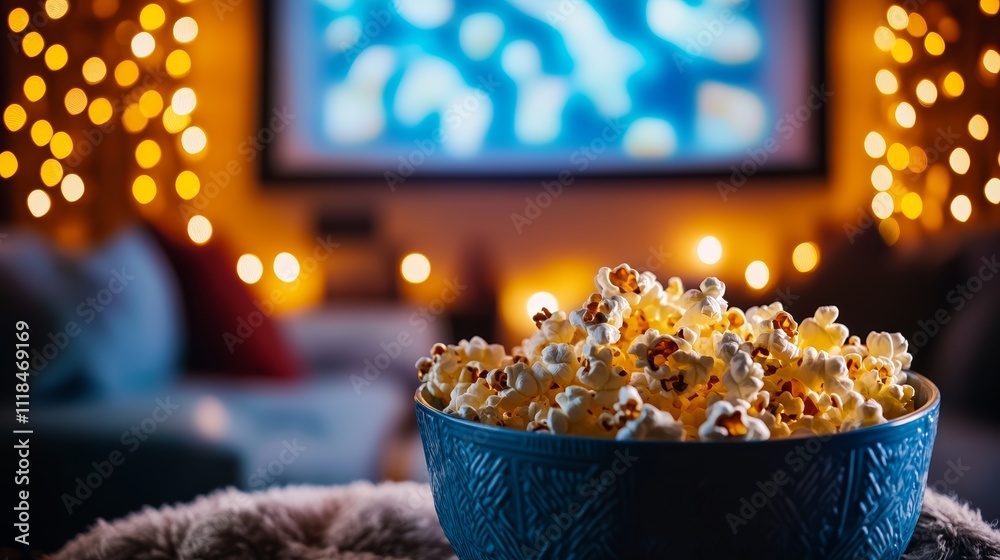 Outdoor Movie Night With a Cozy Blue Blanket, Popcorn, and Warm Lighting Creating a Relaxed and Festive Atmosphere Outdoor Movie Night With a Cozy Blue Blanket, Popcorn, and Warm Lighting Creating a Relaxed and Festive Atmosphere