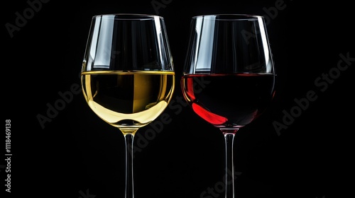 Two wine glasses, one filled with white wine and the other with red wine, against a dark background.