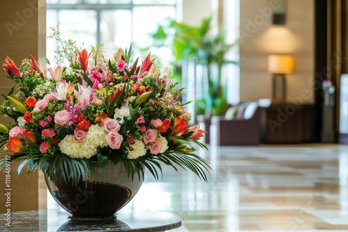 Large, colorful flower arrangement in elegant, well-lit lobby