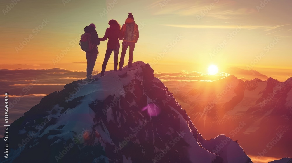two hikers climbing to the top of a mountain at dawn. They are bound together by a safety rope, helping each other up the rocky terrain two hikers climbing to the top of a mountain at dawn. They are bound together by a safety rope, helping each other up the rocky terrain