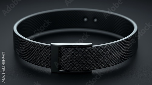 A black bracelet with a metal buckle on a black surface