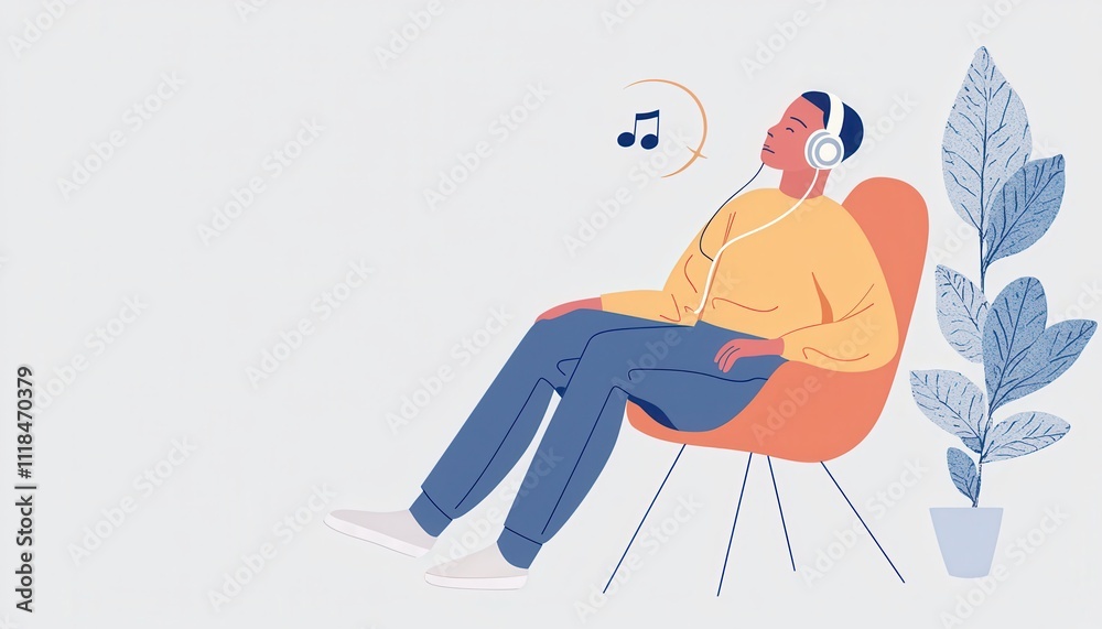 Obraz premium Person Sitting in a Chair Listening to Music with Headphones and Relaxing in a Calm Environment