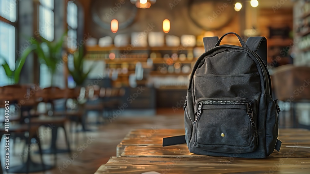 Obraz premium A black school bag sits on a wooden table in a classroom with blur background by AI generated image.