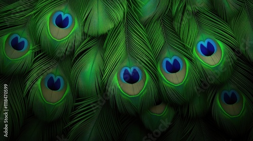This close-up captures the stunning beauty of peacock feathers, showcasing vibrant green and blue hues along with intricate patterns against a natural backdrop