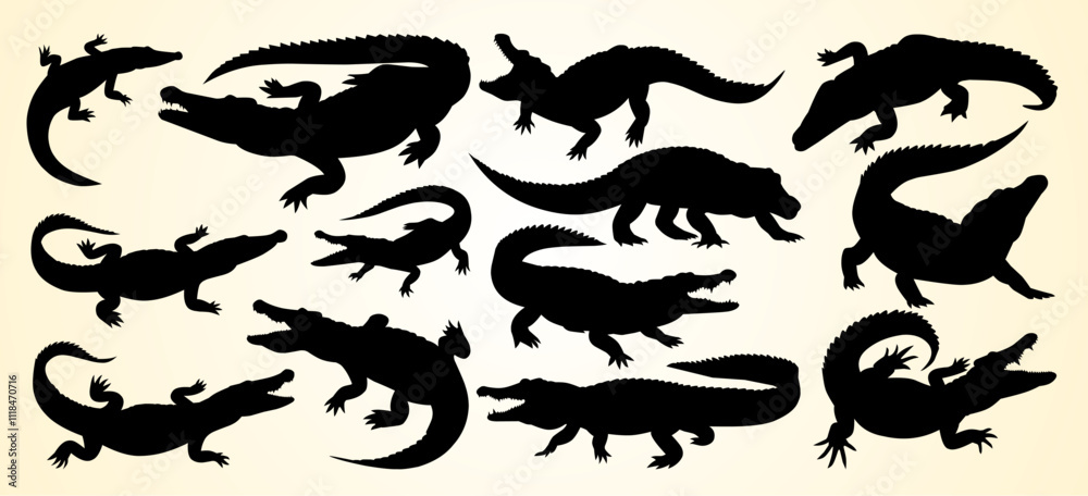 Silhouettes of crocodiles and alligators in various poses, showcasing their dynamic movements. Silhouettes of crocodiles and alligators in various poses, showcasing their dynamic movements.