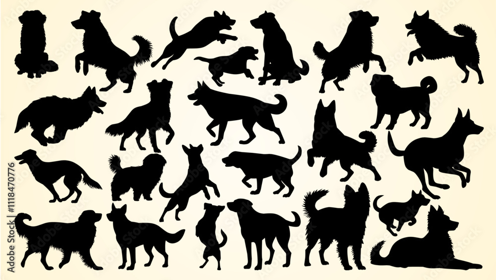 Obraz premium Silhouettes of dogs in various poses, capturing playful, active, and attentive behaviors.