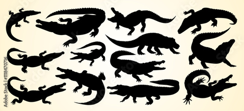 Wallpaper Mural Silhouettes of crocodiles and alligators in various poses, showcasing their dynamic movements. Torontodigital.ca