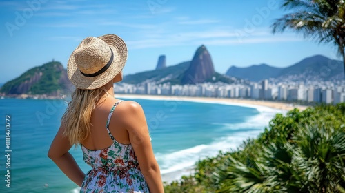 A woman in a straw hat and floral dress enjoys a breathtaking view of Rio de Janeiro's coastline with famous landmarks and lush greenery on a sunny day. photo