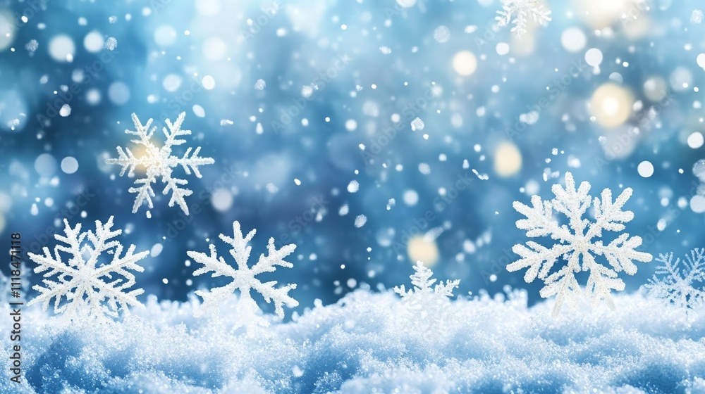 Falling Snowflakes on Blue Background Creating a Peaceful and Magical Winter Atmosphere Falling Snowflakes on Blue Background Creating a Peaceful and Magical Winter Atmosphere