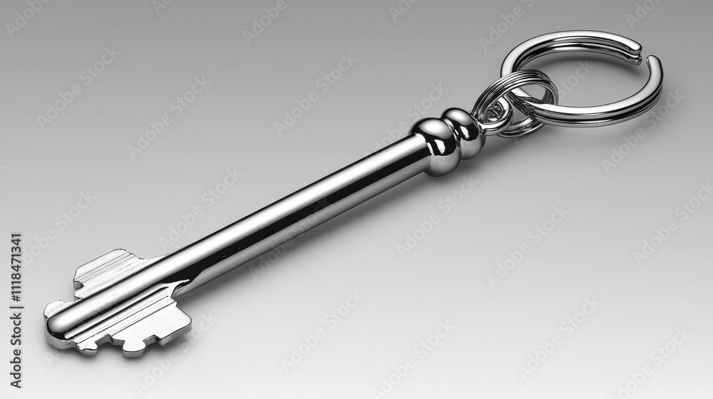 A silver key with a metal ring on a gray background A silver key with a metal ring on a gray background