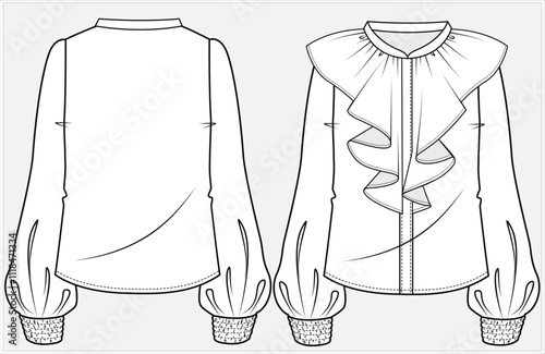 LONG SLEEVES FORMAL CORPORATE WEAR SHIRT WITH CASCADE AND SMOCKING CUFF DETAIL DESIGNED FOR WOMEN IN VECTOR FILE