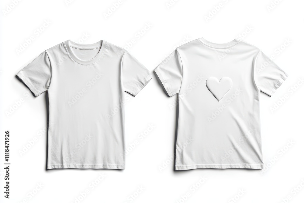 Two-sided white t-shirt design showcasing a heart-shaped detail on the back. Two-sided white t-shirt design showcasing a heart-shaped detail on the back.
