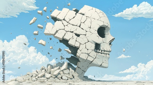 Fragmented skull surreal digital art reflecting a polycrisis landscape photo