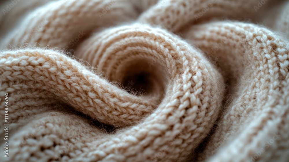 Close-up of beige knitted fabric swirling. Close-up of beige knitted fabric swirling.