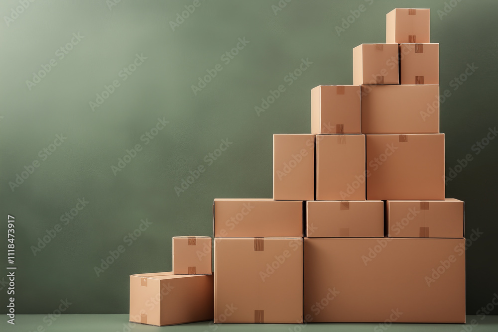 Steps of brown cardboard boxes on khaki coloured wall in empty room. Steps of brown cardboard boxes on khaki coloured wall in empty room.