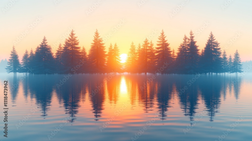 Fototapeta premium Sunset over tranquil lake with silhouetted pine trees reflecting in calm water.