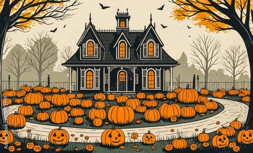 Scary house with full moon and pumpkins surrounding it on Halloween night