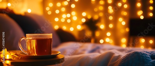 Cozy tea cup in a warmly lit bedroom.