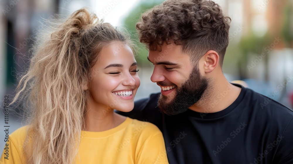A joyful couple walks arm in arm on a sunlit city street. The man wears a black t-shirt and the woman a yellow top, both smiling and basking in each other's company. A joyful couple walks arm in arm on a sunlit city street. The man wears a black t-shirt and the woman a yellow top, both smiling and basking in each other's company.