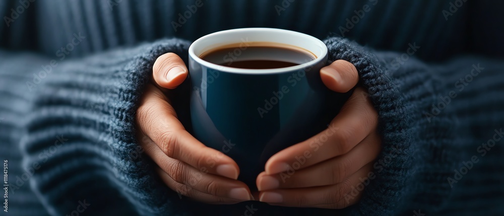 Warm coffee mug in cozy hands Warm coffee mug in cozy hands