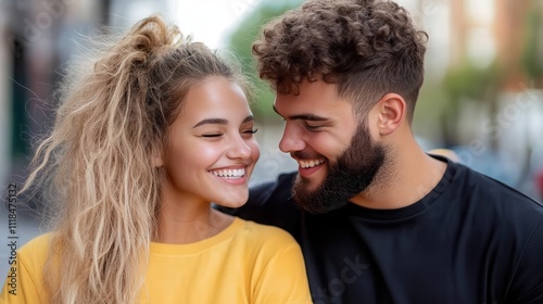 A joyful couple walks arm in arm on a sunlit city street. The man wears a black t-shirt and the woman a yellow top, both smiling and basking in each other's company.