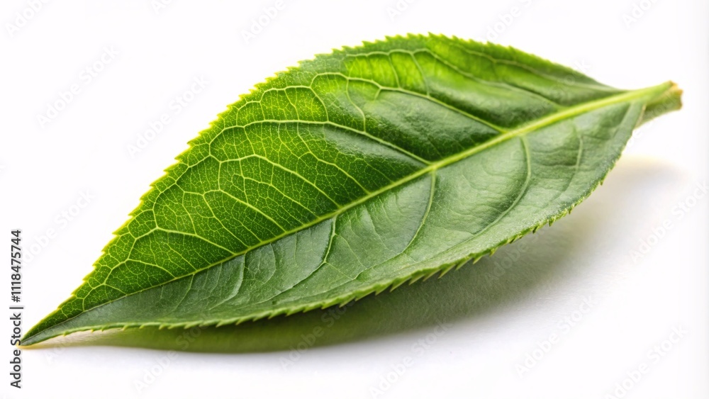 Obraz premium Single tea leaf fragment on white background
