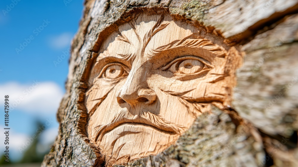 A close up of a tree trunk with a face carved into it A close up of a tree trunk with a face carved into it