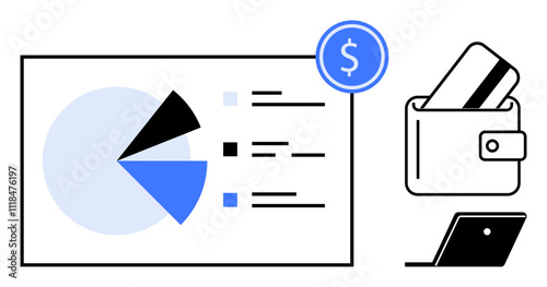 Financial report with pie chart detailing data, wallet with credit cards symbolizing expenditure, and a laptop suggesting remote work. Ideal for finance, business, data analysis, accounting