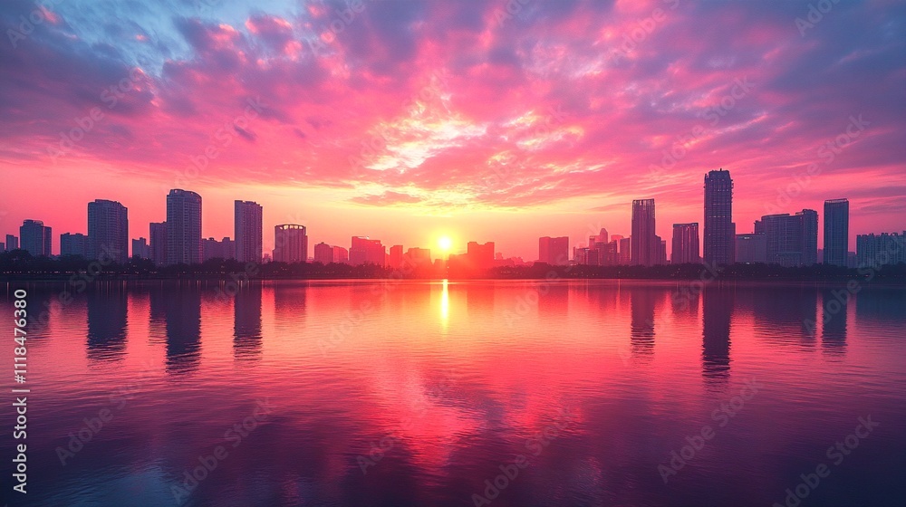 Fototapeta premium City of eternal sunrise, where the sun never sets and the skies are forever painted with hues of pink and orange
