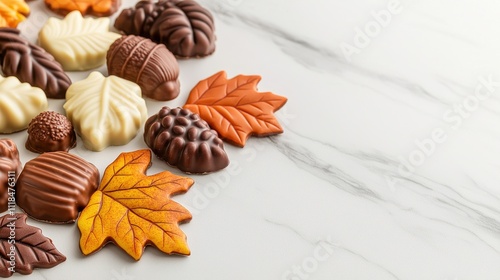 Thanksgiving, A collection of artisan Delicious autumn-themed chocolates shaped like autumn leaves, acorns, and turkeys. photo