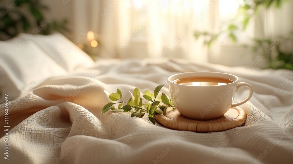 Tea cup on bed, morning sunlight. Tea cup on bed, morning sunlight.
