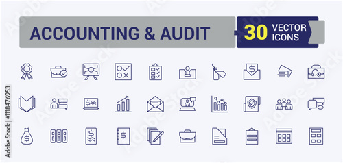 Set of Accounting and Audit line icons. Containing research, illustration, revenue, company, risk, bank and more. Simple line vector. Vector icons editable stroke.