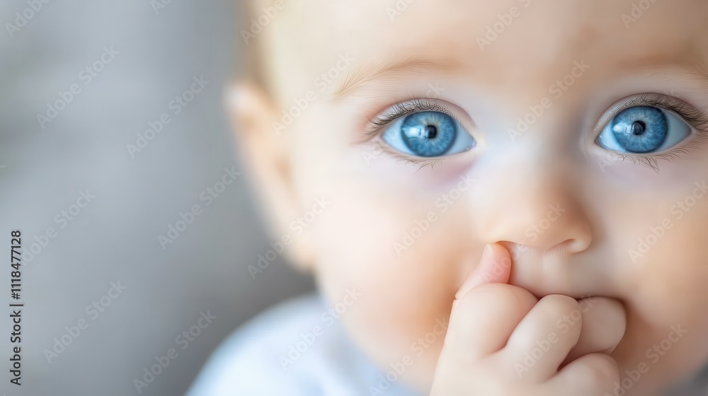 A close-up image of a baby with bright blue eyes, gazing curiously. The baby has their hand near the mouth, creating a heartwarming, innocent look. A close-up image of a baby with bright blue eyes, gazing curiously. The baby has their hand near the mouth, creating a heartwarming, innocent look.