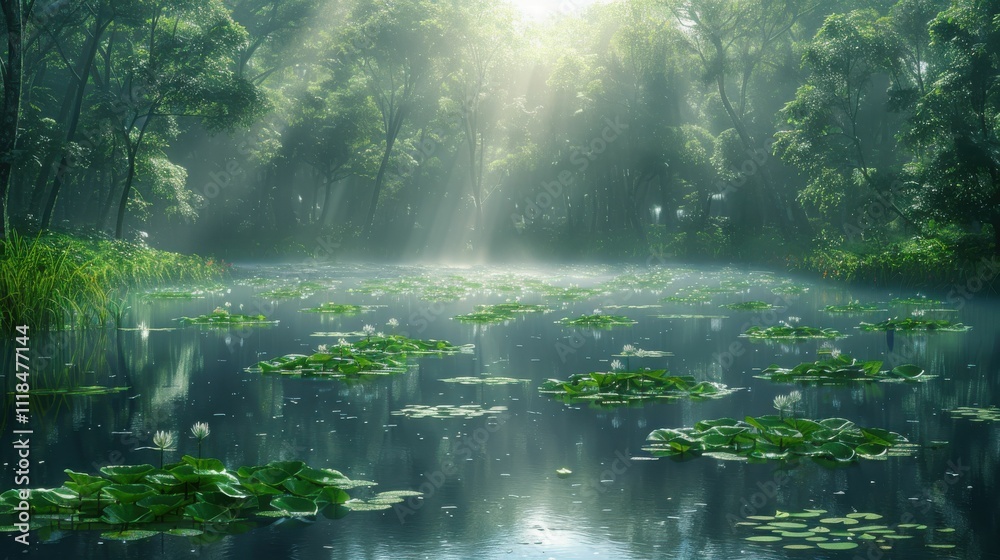Fototapeta premium A pond with many lily pads and trees in the background