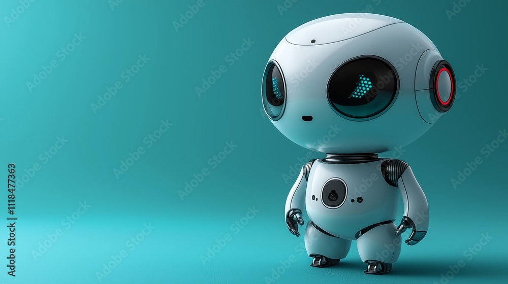 A small white robot standing in front of a blue background A small white robot standing in front of a blue background