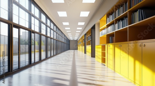 Un couloir d'école moderne avec des étagères et des armoires jaunes le long des murs et un plafond blanc avec la lumière du soleil traversant de grandes fenêtres. photo