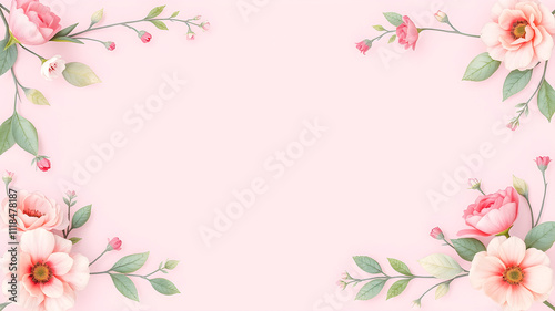 Beautiful floral frame on pink background. Flat lay, top view, copy space.