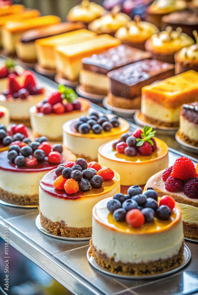 Assorted cheesecakes with berries in bakery display case Assorted cheesecakes with berries in bakery display case