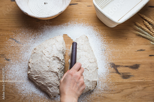 The process of dough formation before proofing. Whole grain dough is made on sourdough