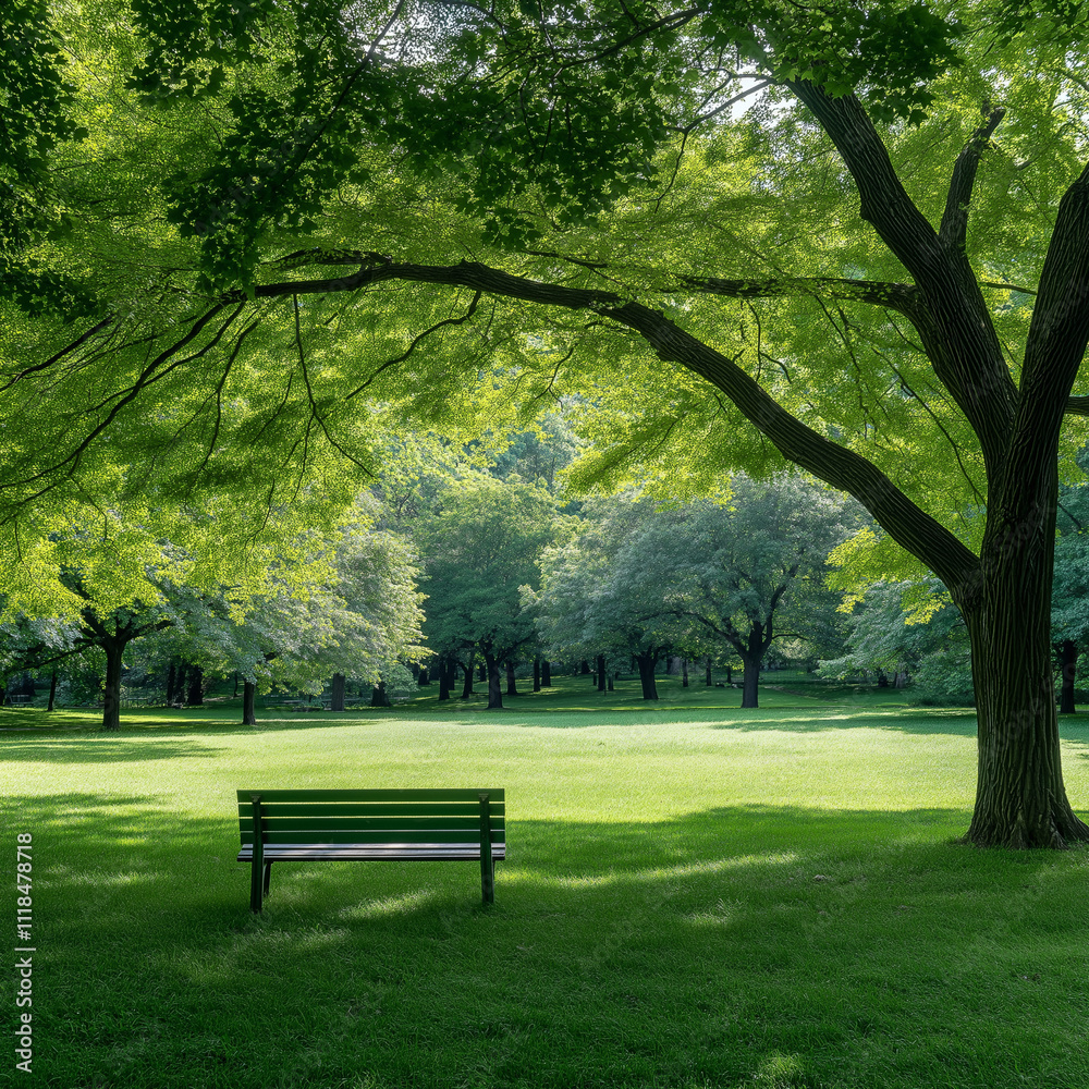 serene park scene featuring green bench under lush trees serene park scene featuring green bench under lush trees