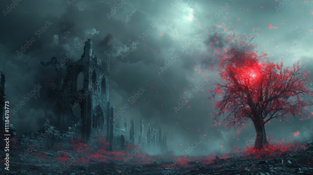 Obraz premium A desolate landscape with a large red tree in the foreground