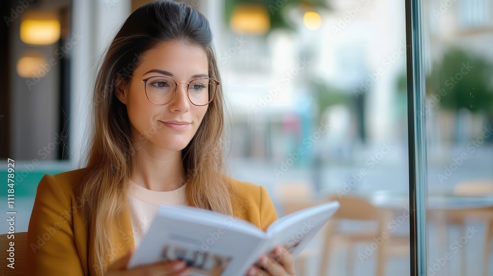 A woman wearing glasses reads attentively in a cafe, sipping coffee, surrounded by the hustle and bustle of city life, symbolizing concentration and calm.