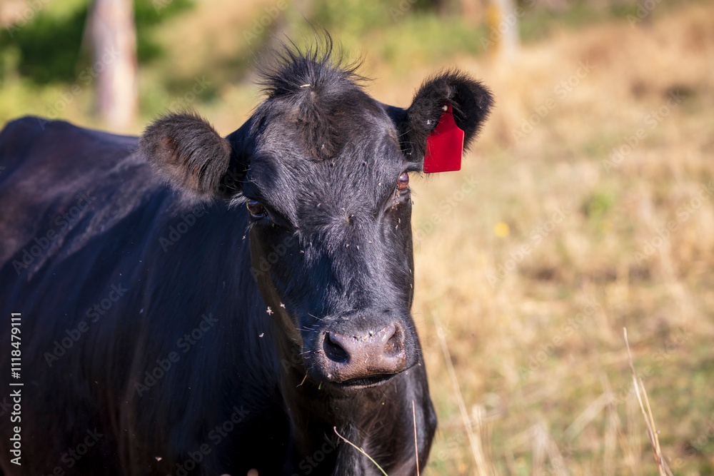 Photograph of the head of a large black cow covered in flying insects in an agricultural field in the Blue Mountains in New South Wales, Australia. Photograph of the head of a large black cow covered in flying insects in an agricultural field in the Blue Mountains in New South Wales, Australia.